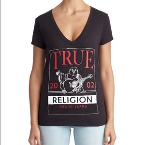 True Religion VTG Y2K 2002 World Tour Black V-Neck Buddha Logo Graphic T-Shirt